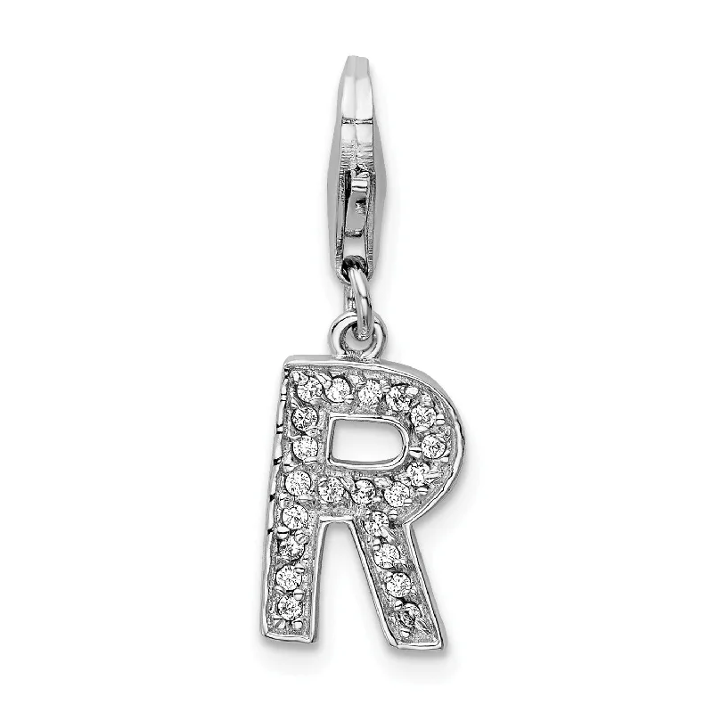 custom silver pendant necklace for boyfriend with initials-Sterling Silver RH CZ Letter R w/Lobster Clasp Charm