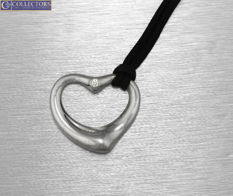 custom silver pendant necklace with photo engraving-Tiffany & Co. Elsa Peretti 925 Sterling Diamond Open Heart Pendant Necklace