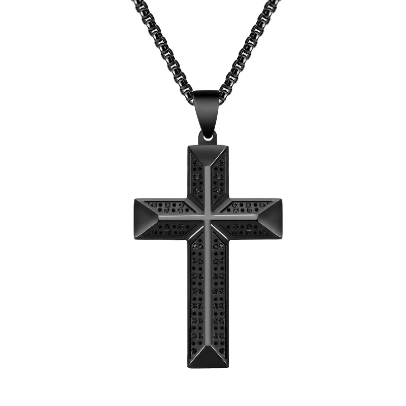 custom bar pendant necklace for anniversary with gemstone-Titán by Adrian Gonzalez Black Stainless Steel 1/3 CTW Diamond 32X48MM 24-inch Cross Pendant