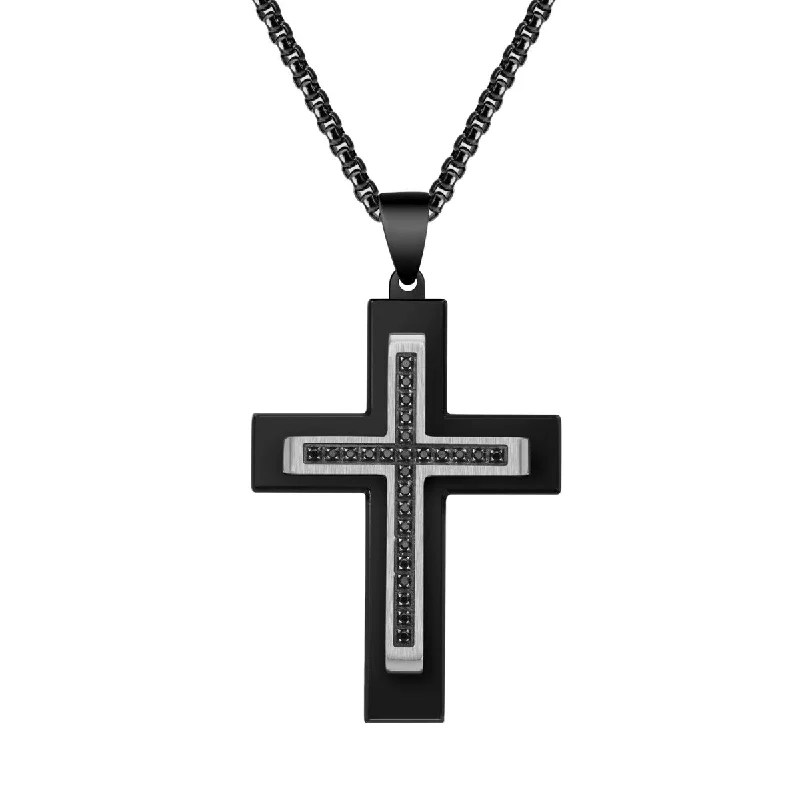 custom crystal pendant necklace for anniversary gift-Titán by Adrian Gonzalez Black Stainless Steel 1/4 CTW Diamond 29X40MM 24-inch Cross Pendant