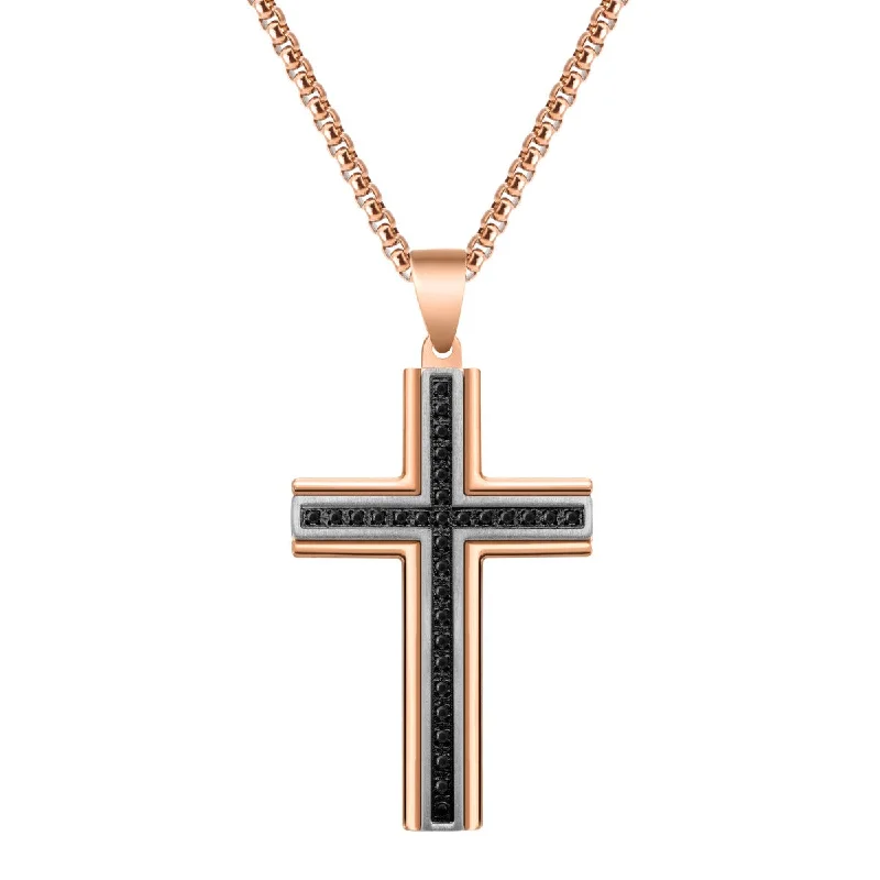 personalized name charm necklace for men-Titán by Adrian Gonzalez Two-Tone Stainless Steel 1/7 CTW Diamond 26X40MM 24-inch Cross Pendant