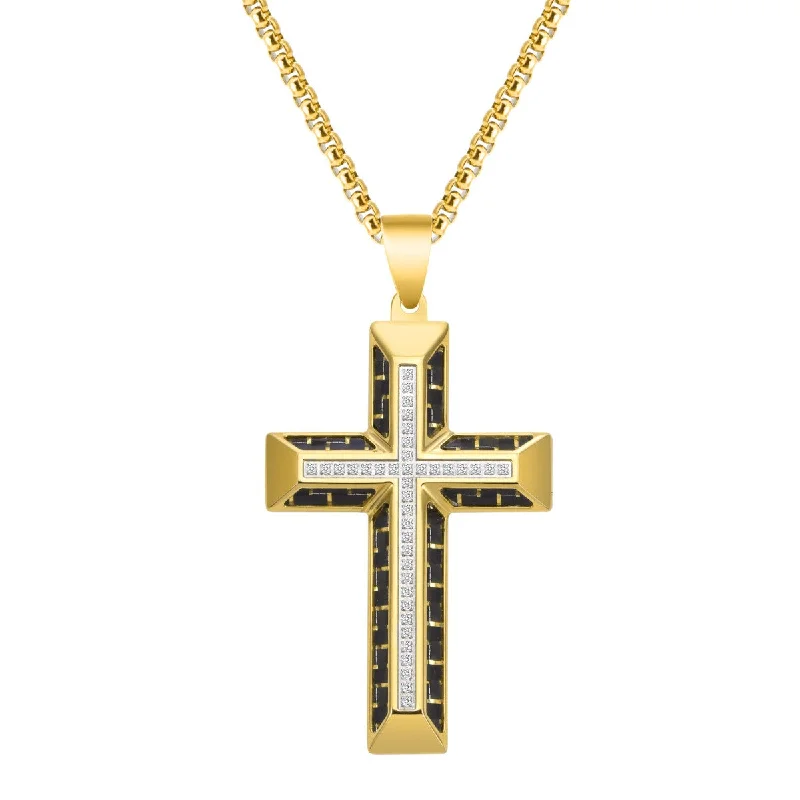 silver pendant necklace for mom with engraved crystal-Titán by Adrian Gonzalez Yellow Stainless Steel 1/5 CTW Diamond 32X48MM 24-inch Carbon Fiber Cross Pendant