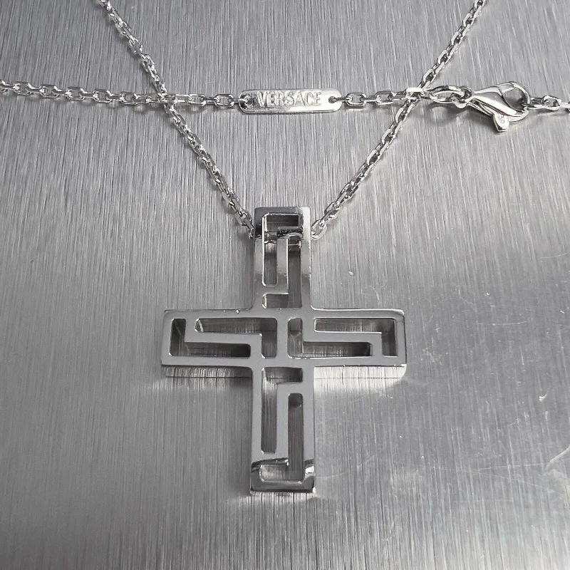 silver pendant necklace for couples with personalized engraving-Versace Greca Greek Key Cross 18k White Gold Pendant Necklace 20" HEAVY