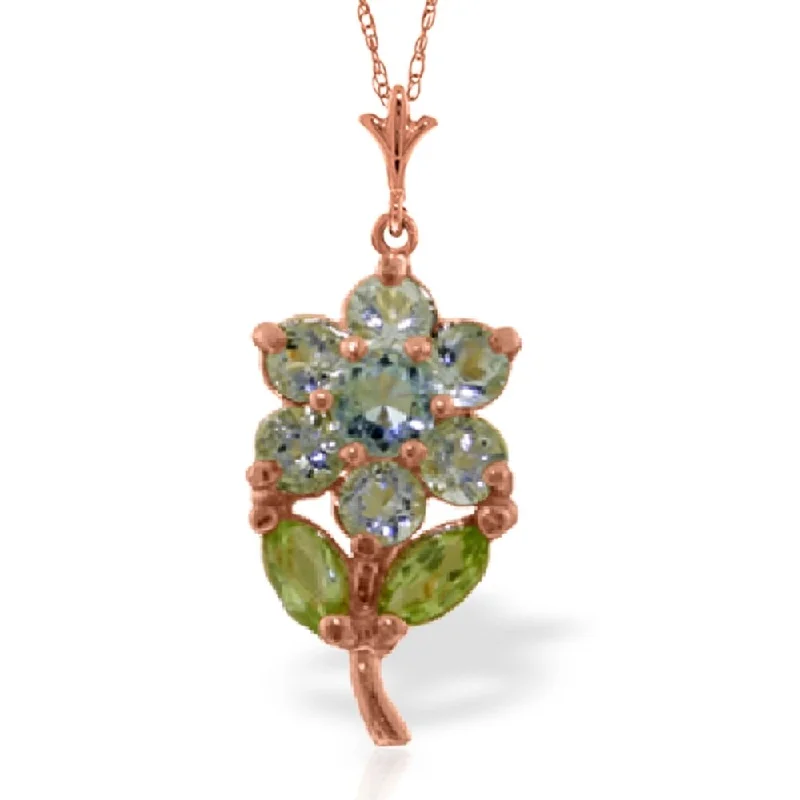 silver pendant necklace for wedding with custom engraving-1.06 Carat 14K Rose Gold Flower Necklace Aquamarine Peridot