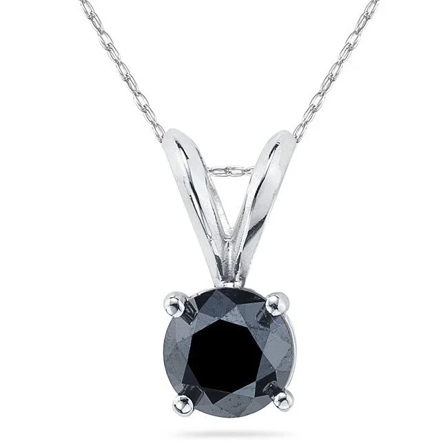 silver custom nameplate pendant necklace for women-1 1/2 Carat Round Black Diamond Solitaire Pendant in 14K White Gold