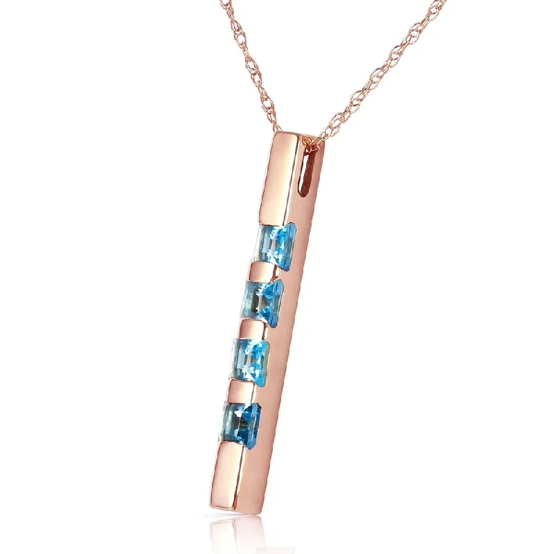 silver pendant necklace for anniversary with custom engraving-14K Solid Rose Gold Necklace Bar with Natural Blue Topaz