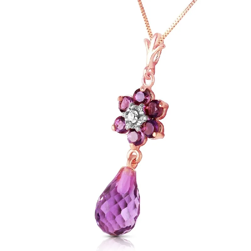 silver star pendant necklace with name engraving-2.78 Carat 14K Solid Rose Gold Necklace Natural Amethyst Diamond