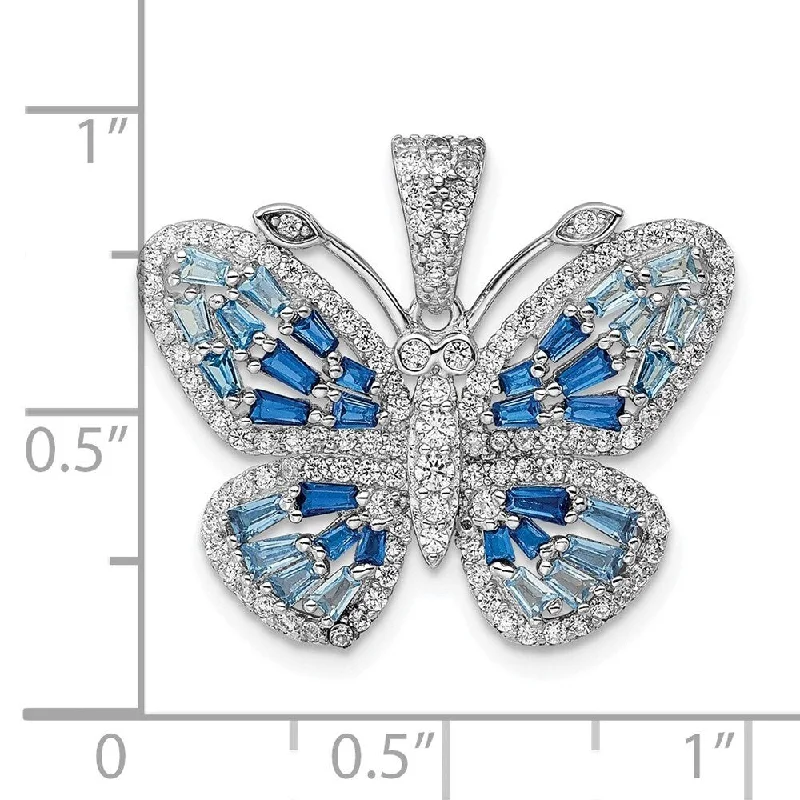 personalized gemstone pendant necklace with initials-Diamond2Deal 925 Sterling Silver Rhodium-plated Blue and White Cubic Zirconia Butterfly Pendant (L-25.85mm, W-25.24mm)