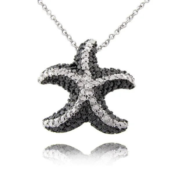 personalized name charm necklace for men-Finesque Black and Silvertone Diamond Accent Starfish Necklace