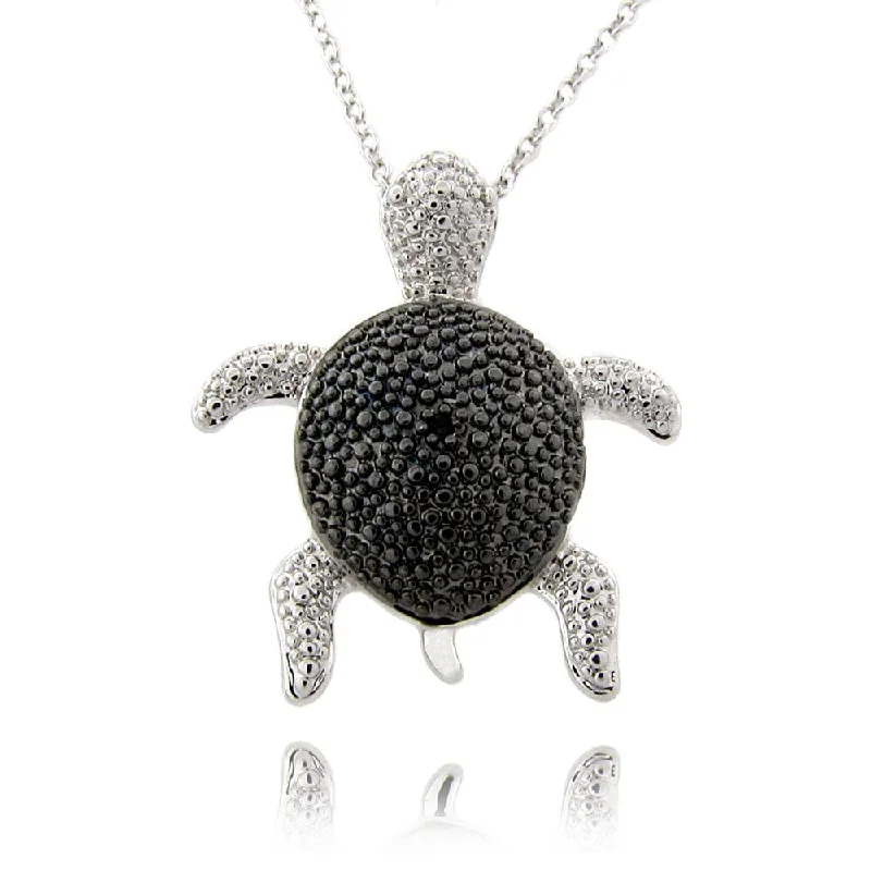 silver pendant necklace with custom engraving for boyfriend-Finesque Black and Silvertone Diamond Accent Turtle Necklace