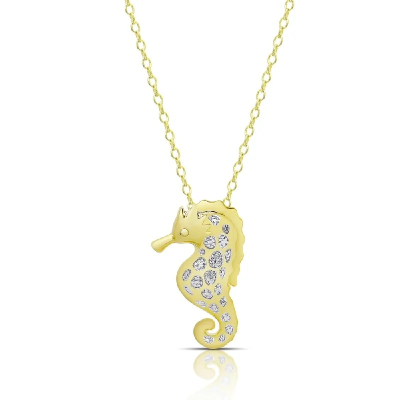 silver crystal pendant necklace with custom engraving-Finesque Gold Overlay Diamond Accent Seahorse Necklace (I-J, I2-I3)