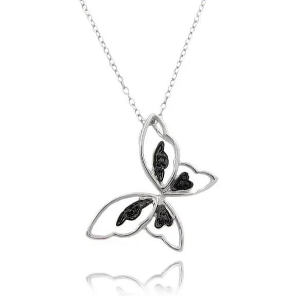 engraved silver pendant necklace for mom with names-Finesque Sterling Silver Black Diamond Accent Butterfly Necklace