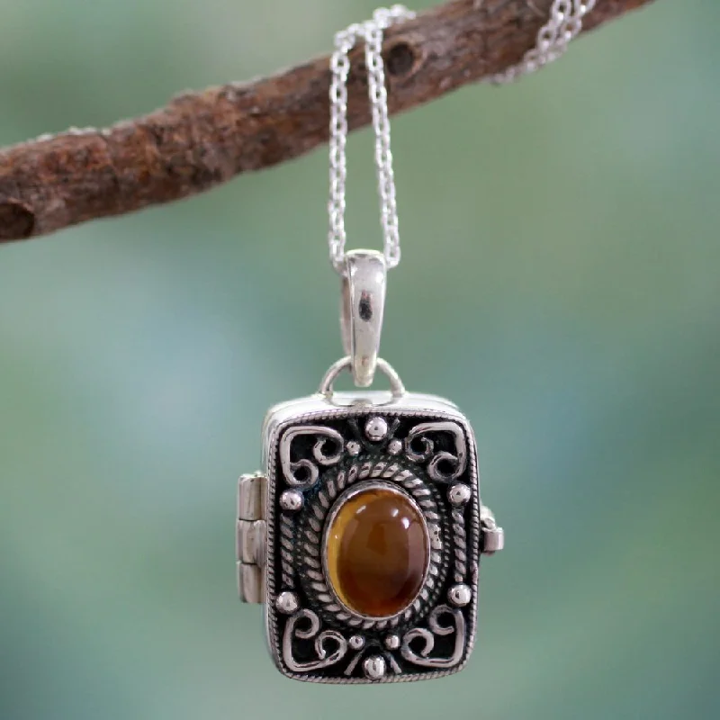 custom pendant necklace with initial engraving for wedding-Handcrafted Sterling Silver 'Secret Prayer' Citrine Locket Necklace (India) - 7'6" x 9'6"