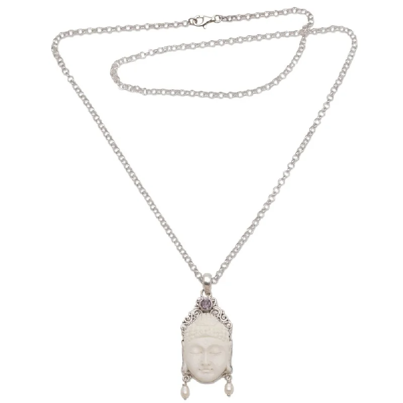 personalized crystal pendant necklace with gemstone charm-Handmade Amethyst and Cultured Pearl Pendant Necklace, 'Blessed Buddha' (Indonesia) - 7'6" x 9'6"