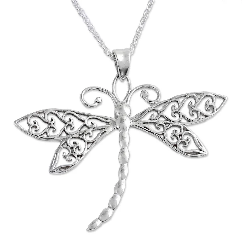 personalized pendant necklace for mom with heart charm-Handmade Dazzling Dragonfly Sterling Silver Necklace (India)