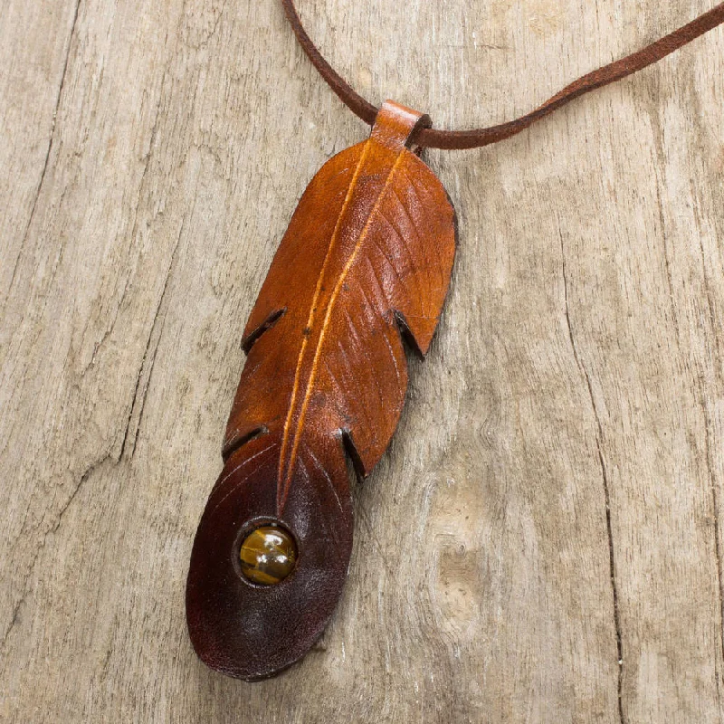 custom pendant necklace for couples with personalized text-Handmade Leather 'Feather Spirit' Tiger's Eye Necklace (Thailand) - 31" L x 1.2" W