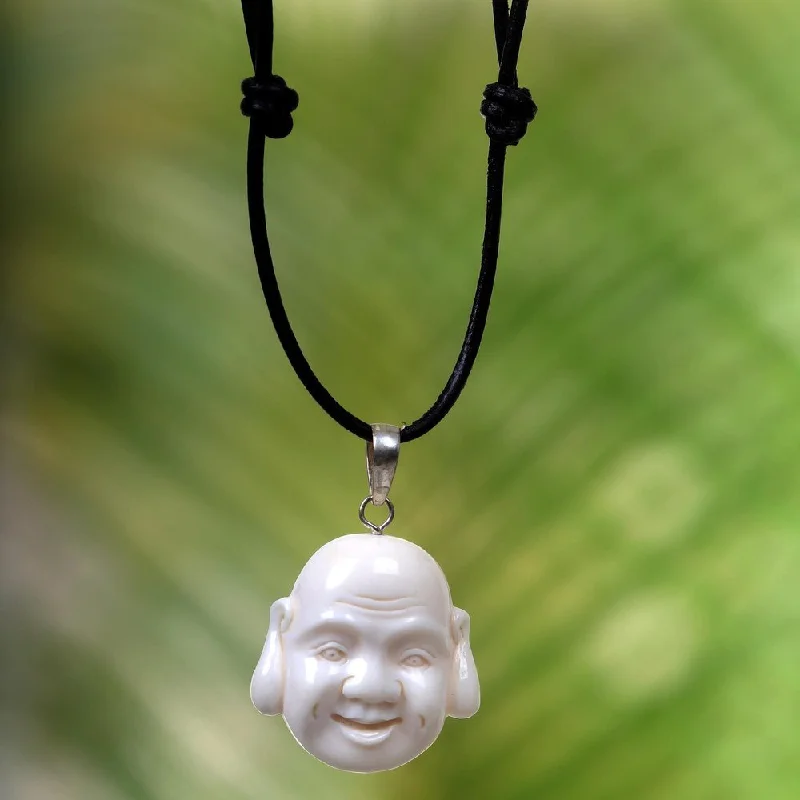 silver pendant necklace for mom with engraved nameplate-Handmade Leather 'Jovial Balinese Buddha' Necklace (Indonesia)