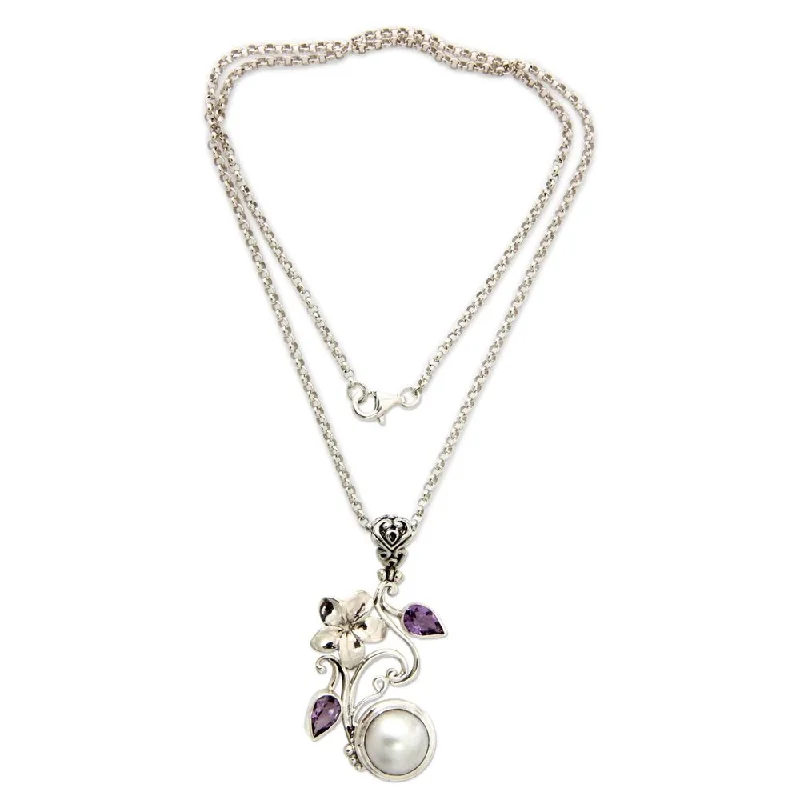 personalized pendant necklace with initials and birthstone-Handmade Silver 'Bali Garden' Pearl Amethyst Necklace (13.5mm) (Indonesia)