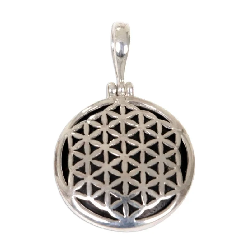 custom pendant necklace with inspirational message for mom-Handmade Sterling Silver and Wood Pendant, 'Flower of Life' (Indonesia) - 7'6" x 9'6"