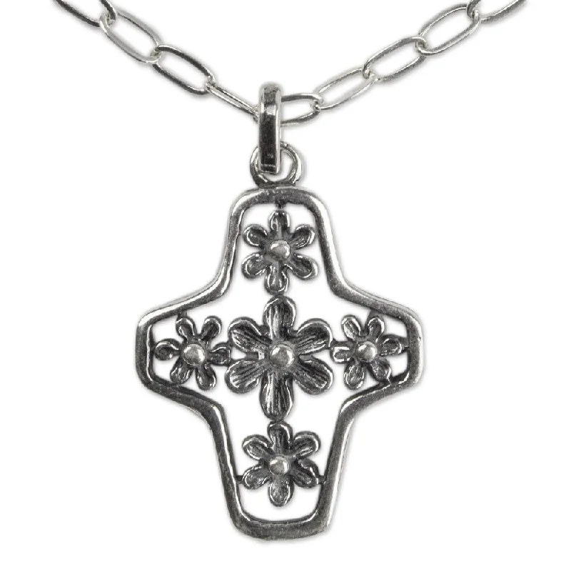 personalized crystal pendant necklace for her with message-Handmade Sterling Silver Cross Necklace, 'Blossoming Faith' (Mexico)