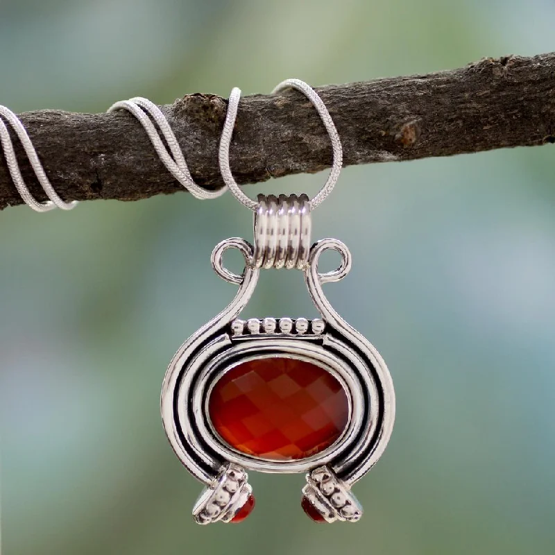 custom pendant necklace for anniversary with family initials-Handmade Sterling Silver 'Desire' Carnelian Necklace (India)