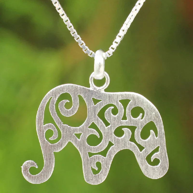 silver pendant necklace with family names and birthstone-Handmade Sterling Silver 'Elephant Arabesque' Necklace (Thailand) - 7'6" x 9'6" - 7'6" x 9'6"