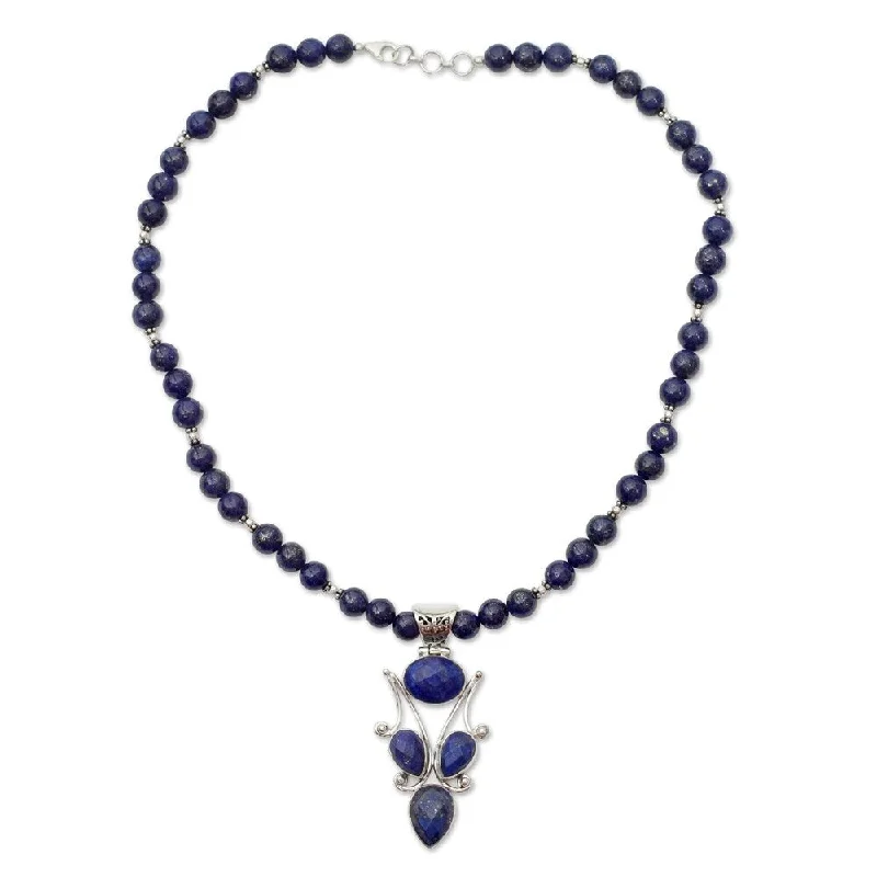 silver pendant necklace for mom with engraved crystal-Handmade Sterling Silver 'Glorious Blue' Lapis Lazuli Necklace (India) - 7'6" x 9'6"