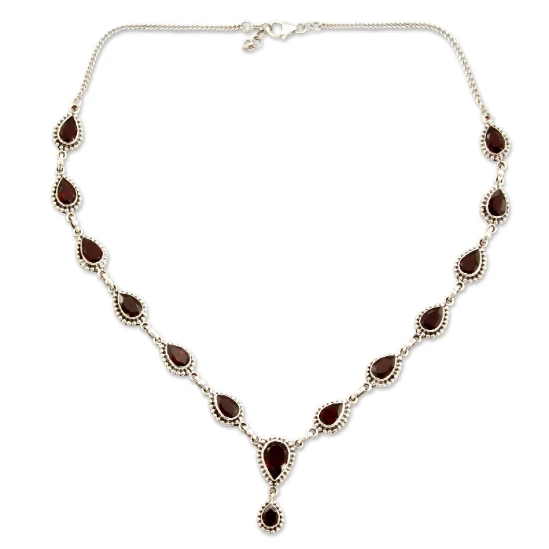 custom pendant necklace for best friend with engraving-Handmade Sterling Silver 'Halo of Beauty' Garnet Necklace (India) - 7'6" x 9'6"