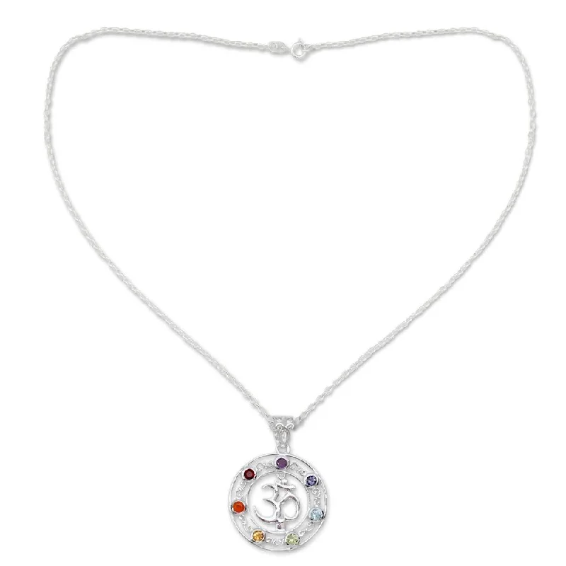 personalized heart-shaped pendant necklace for wife-Handmade Sterling Silver 'Om Magnificence' Multi-gemstone Necklace (India)