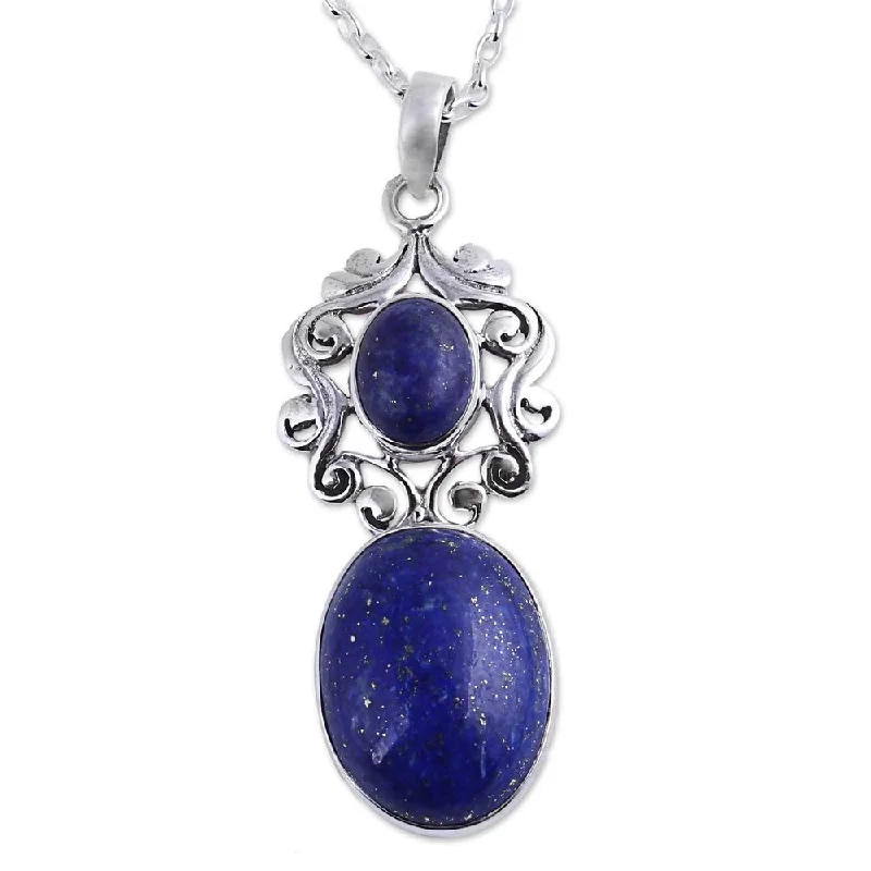 silver pendant necklace with personalized family names-Lapis Lazuli Pendant Necklace, 'Whimsical Tendrils' (India) - 7'6" x 9'6"