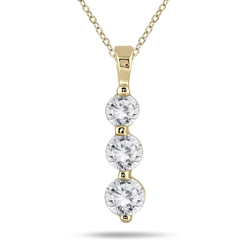 custom bar pendant necklace for anniversary-Marquee 1 Carat TW Three Stone Diamond Pendant in 14K Yellow Gold