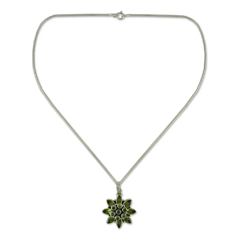 custom heart pendant necklace with initials for girls-NOVICA Handmade Sterling Silver Sunflower Green Peridot Necklace (India)