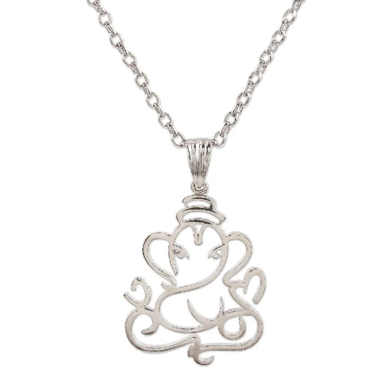 silver pendant necklace with custom family initials-NOVICA Pensive Ganesha, Sterling silver pendant necklace