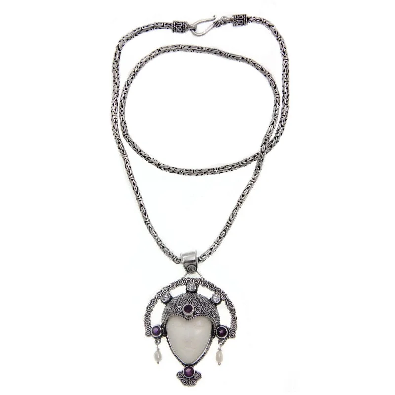 personalized pendant necklace with crystal for special occasion-NOVICA Queen of Java, Cow bone and amethyst pendant necklace