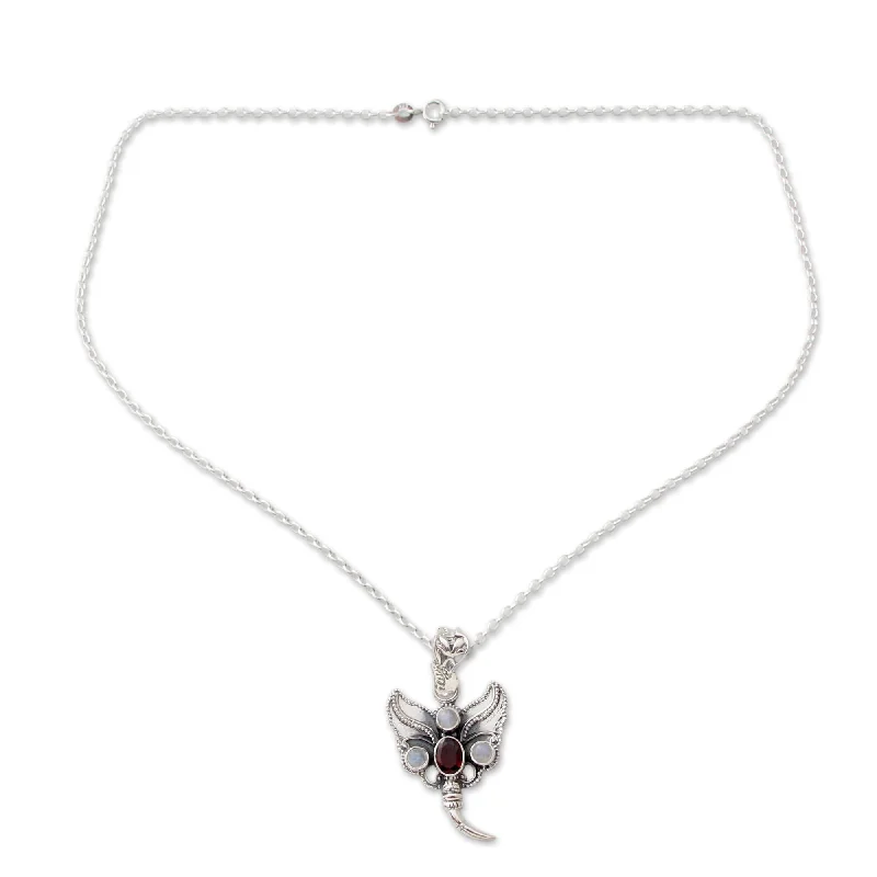 silver heart pendant necklace for bridesmaids-NOVICA Sterling Silver 'Butterfly Triumph' Moonstone Garnet Necklace