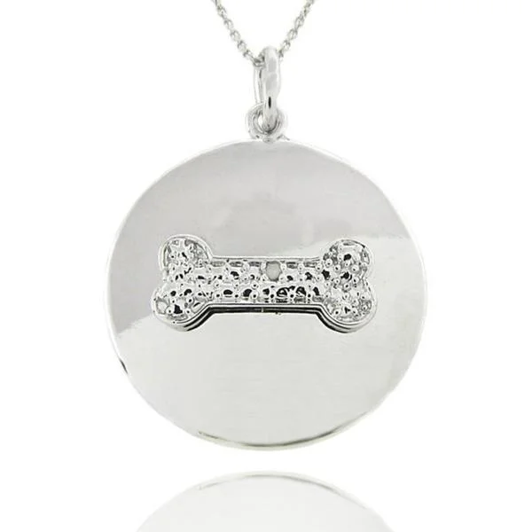 custom engraved crystal pendant necklace for him-Sterling Silver Diamond Accent Dog Bone Disc Necklace