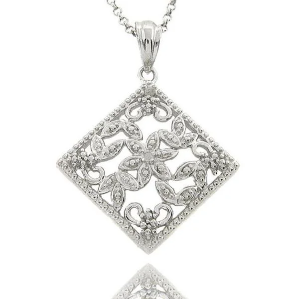 silver pendant necklace for her with engraved name-Sterling Silver Diamond Accent Filigree Flower Design Necklace