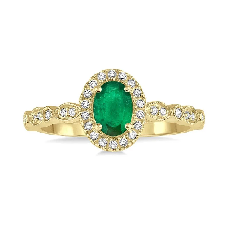 engagement rings with oval sapphires and diamond halos-10K Yellow Gold Diamond Halo Fashion Ring With Oval Emerald Center