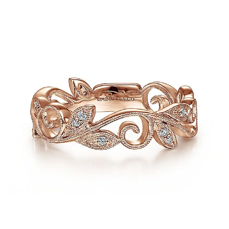 engagement rings with emerald-cut diamonds and sapphire accents-14K Rose Gold Scrolling Floral Diamond Ring