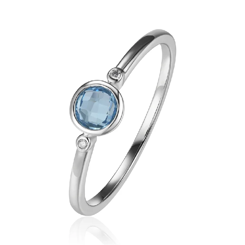 men’s wedding bands with square sapphires and diamonds-14K White Gold Blue Topaz And Diamond Stackable Ring