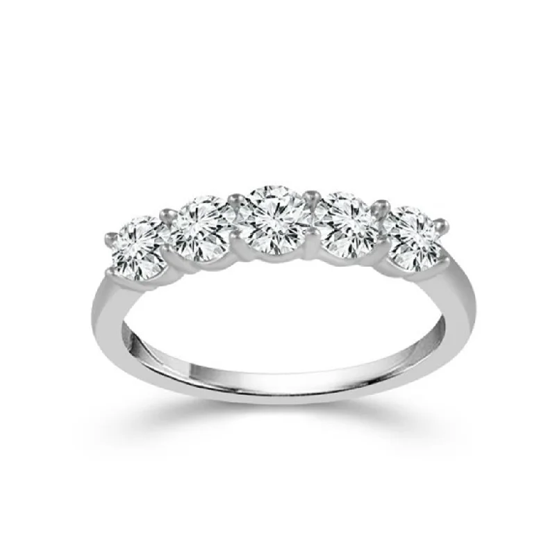 men’s wedding rings with round sapphires and diamond accents-14K White Gold Five Stone Diamond Band