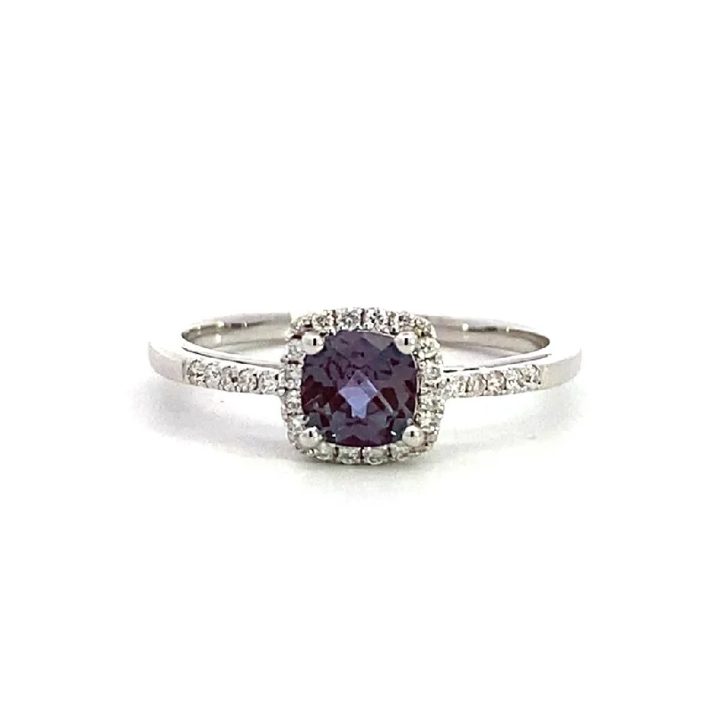 men’s wedding bands with custom-designed sapphires and diamonds-14K White Gold Lab Grown Alexandrite And Diamond Halo Ring