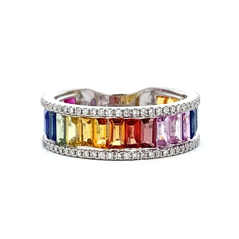 women’s rings with emerald-cut sapphires and diamond pave designs-14K White Gold Rainbow Sapphire And Diamond Channel Set Band Ring