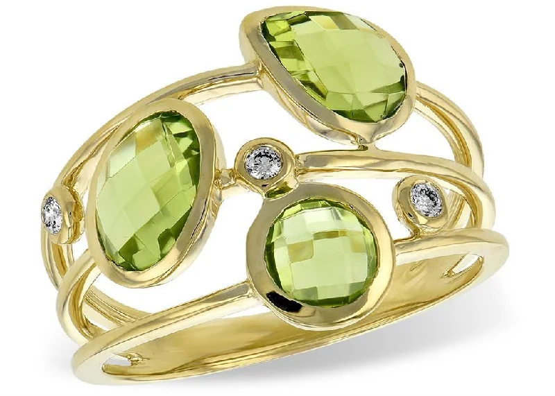 men’s wedding bands with diamonds and sapphire center stones-14K Yellow Gold Multi-Row Peridot And Diamond Fashion Ring