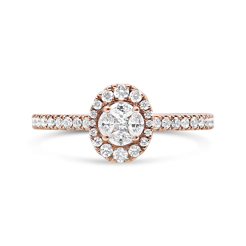 women’s rings with large sapphires and diamond center stones-18K Rose Gold 1/2 Cttw Composite Marquise Composite Diamond Oval Shaped Halo Engagement Ring