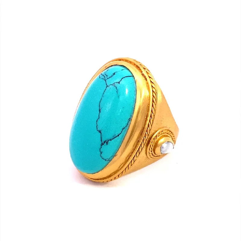 women’s engagement rings with diamond and sapphire pave settings-24K Yellow Gold Overlay 'Cannes' Statement Ring With Turquoise Blue Howlite