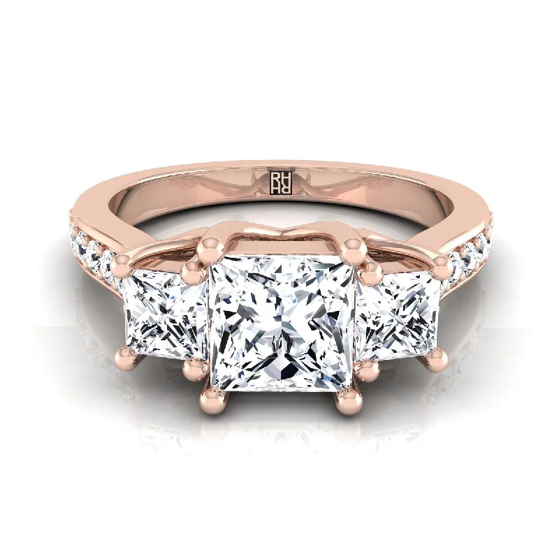 women’s rings with radiant sapphires and diamond pave designs for engagement-14K Rose Gold Princess Cut Diamond Three Stone Classic with Channel French Pave Engagement Ring -3/4ctw