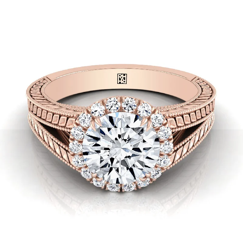 engagement rings with princess-cut diamonds and sapphire accents-14K Rose Gold Round Brilliant Vintage Inspired Wheat Split Shank Diamond Halo Engagement Ring