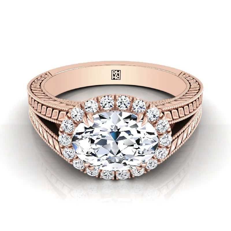 women’s rings with large diamonds and sapphire pave bands-14K Rose Gold Oval Vintage Inspired Wheat Split Shank Diamond Halo Engagement Ring