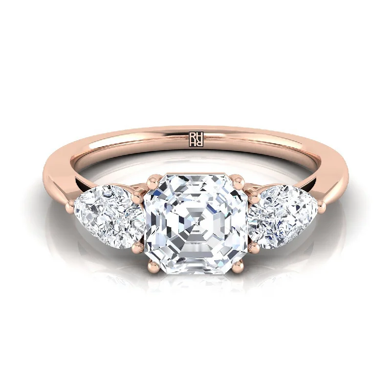 women’s engagement rings with square sapphires and diamond pave bands-14K Rose Gold Asscher Cut Diamond Perfectly Matched Pear Shaped Three Diamond Engagement Ring -7/8ctw